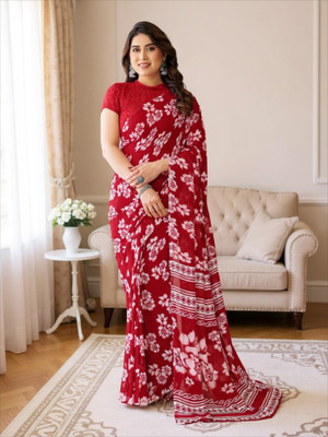 SmittenSmit Printed Bollywood Georgette Saree(Red, White)