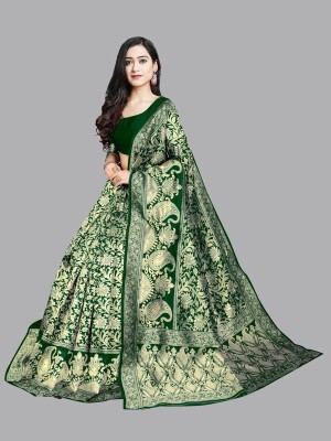 jashvicreation Embroidered, Self Design Banarasi Jacquard, Art Silk Saree(Dark Green)