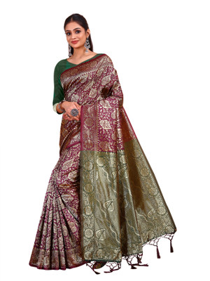 NAKSHCRETION Self Design Banarasi Pure Silk Saree(Purple, Gold)