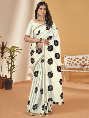 Divastri Floral Print Bollywood Cotton Blend Saree(White)