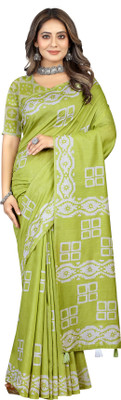 VERCO Hand Painted Hand Batik Chanderi Saree(Light Green)