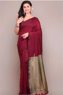 BRYNBRIT Solid/Plain Handloom Cotton Blend Saree(Maroon, Grey)