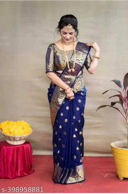 Keswi Fab Woven Banarasi Jacquard, Silk Blend Saree(Blue, Gold)