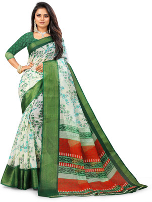 Aangan Silk Floral Print Daily Wear Cotton Blend Saree(Green)