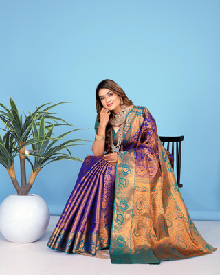 Jay fashion Self Design Banarasi Art Silk, Silk Blend Saree(Blue)