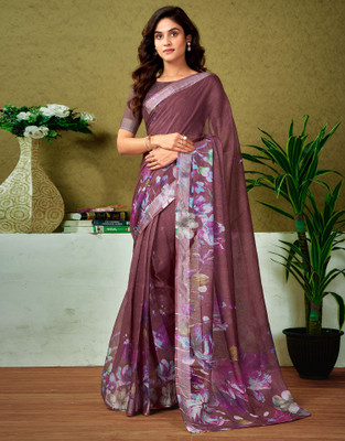 all about you Digital Print, Floral Print, Printed Bollywood Linen Saree(Brown)