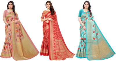 Nirvaan Printed Mysore Art Silk Saree(Pack of 3, Pink, Red, Blue)