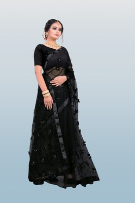 Sifoz Gallery Embroidered Assam Silk Net Saree(Black)