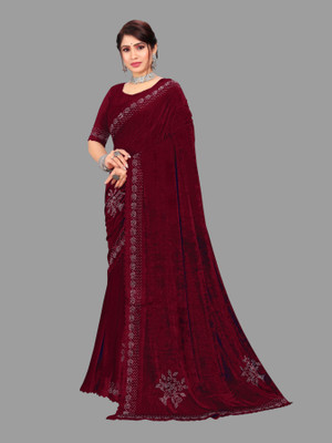 Dream Crushers Embroidered Bollywood Velvet Saree(Maroon)