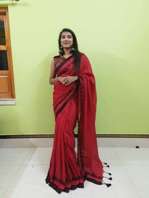 Ganesh fashion textile Solid/Plain Handloom Pure Silk Saree(Red)