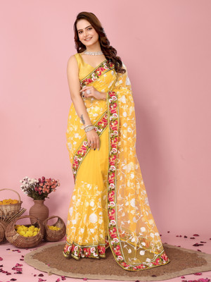Sofisty Embroidered Bollywood Net Saree(Yellow)