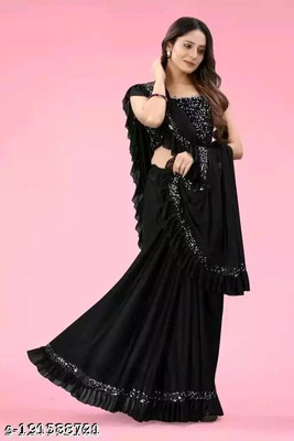 PLEXSTAR Self Design, Checkered, Embellished, Solid/Plain Bollywood Lycra Blend Saree(Black)