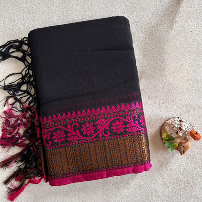 Rnn Saree Embroidered Handloom Pure Cotton Saree(Black)