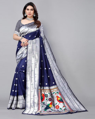 Satika Riti Woven Paithani Pure Silk, Art Silk Saree(Dark Blue, Silver)