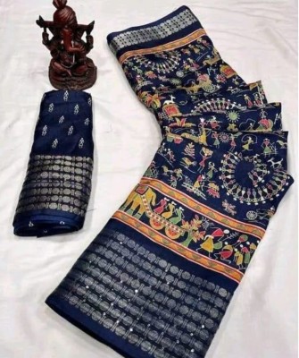 shree vallabh enterprise Printed Kalamkari Art Silk Saree(Dark Blue)