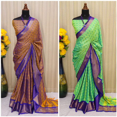 VRINDITA FASHION Woven Mysore Jacquard, Cotton Silk Saree(Pack of 2, Gold, Light Green)