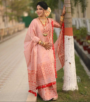 Tech Twins Woven Mekhela Chador Silk Blend Saree(Pink)