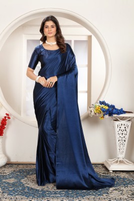 WINKLECART Solid/Plain Bollywood Satin Saree(Dark Blue)