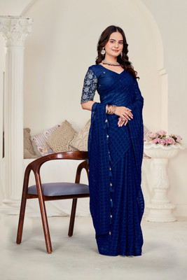 Dori Embellished, Embroidered Bollywood Silk Blend Saree(Blue)