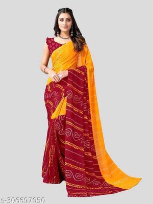 STYLEVEDA Printed Bollywood Georgette Saree(Yellow, Maroon)