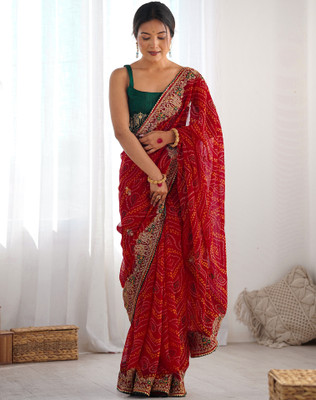 Divastri Printed, Embroidered, Embellished Bollywood Georgette, Lace Saree(Red)