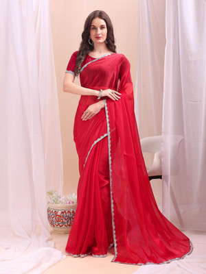 Dream Clouds Solid/Plain Bollywood Jimmy choo Saree(Red)