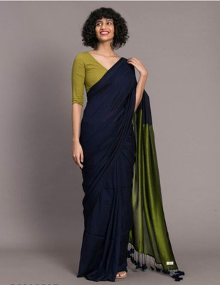SRIJITA SAREE CENTER Color Block Handloom Cotton Silk Saree(Dark Blue)