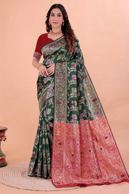 VKARAN Woven Kanjivaram Silk Blend Saree(Dark Green)