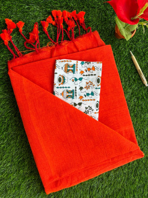 SMRITI BOUTIQUE Solid/Plain, Printed Kalamkari Handloom Pure Cotton Saree(Orange, Light Blue)