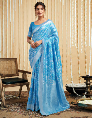Samah Woven Kanjivaram Silk Blend, Jacquard Saree(Light Blue, Silver)