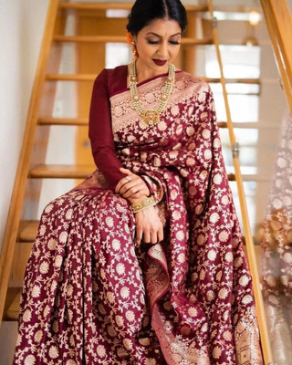 Rudr Ventures Embroidered Banarasi Silk Blend Saree(Maroon)