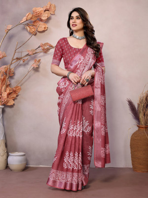 HITESH ENTERPRISE Floral Print Handloom Linen Saree(Maroon)