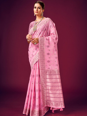 KARAGIRI Printed Kota Doria Cotton Blend Saree(Pink)