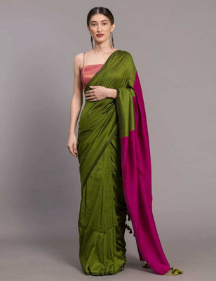 GulabiSaheba Color Block Handloom Cotton Blend Saree(Green, Magenta)