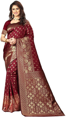 ETHNICHITZ Woven Banarasi Jacquard, Silk Blend Saree(Maroon)
