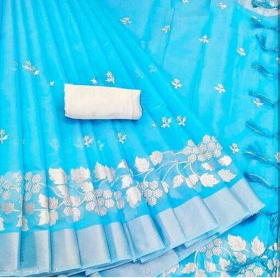 GLOWMOROUS Self Design Ikkat Chanderi Saree(Blue)