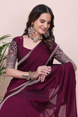 K 5 FASHION Self Design, Embroidered Bollywood Chiffon Saree(Purple)