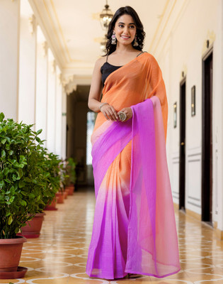 Satrani Ombre, Solid/Plain Bollywood Chiffon, Georgette Saree(Pink, Orange)