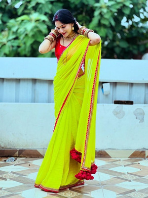 Vragi Solid/Plain Bollywood Georgette Saree(Light Green)