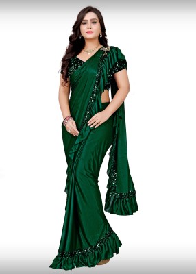 Sakifashion Embellished Bollywood Lycra Blend Saree(Dark Green)