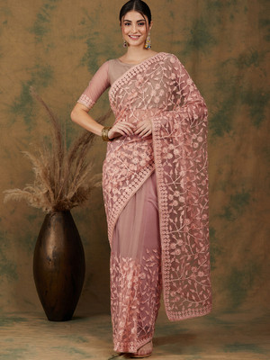 manvaa Embroidered Bollywood Net Saree(Pink)