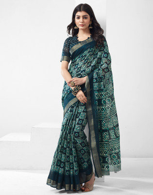 Samah Printed, Embellished Daily Wear Cotton Blend Saree(Blue, White)