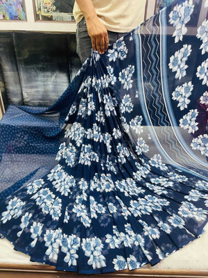 HouseOfCommon Printed Bollywood Georgette Saree(Dark Blue)