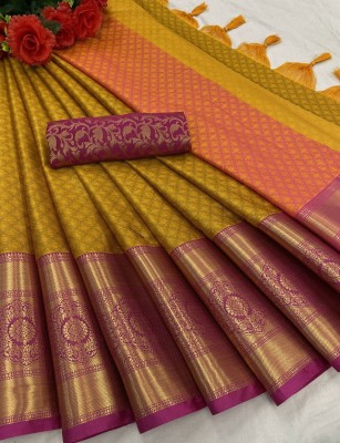 Wamsi Woven Baluchari Cotton Silk Saree(Yellow)