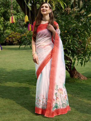 ANOUK Printed Banarasi Silk Blend Saree(White, Red)