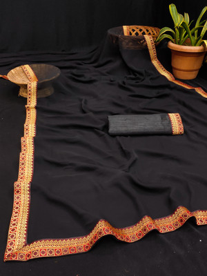 KURTAKULTURE Solid/Plain Daily Wear Georgette Saree(Black)