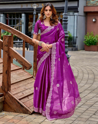 Satrani Embroidered, Embellished Bollywood Jimmy choo, Tissue Saree(Magenta)