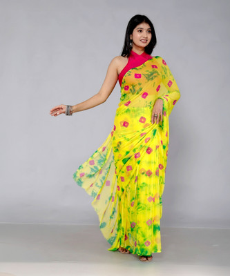 HouseOfCommon Color Block Bandhani Chiffon Saree(Yellow)