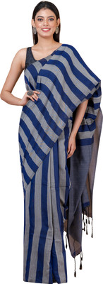 Durga Handlooms Solid/Plain Handloom Cotton Linen Saree(Blue)