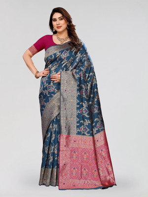 Divastri Woven Kanjivaram Art Silk Saree(Blue, Pink)